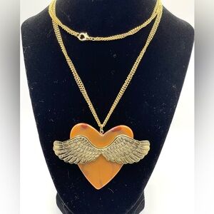 Gold Toned Winged Heart Pendant Necklace